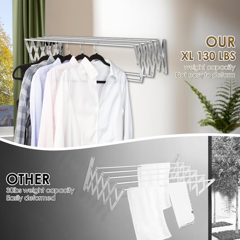 CAEXABO XL-31.5" Wall Mounted Clothes Drying Rack, 130 LBS Large Capacity Rustproof Retractable Clothes Rack, Collapsible Drying Rack Easy to Install with 7 Drying Rods, Space Saving for Laundry-White - Image 5